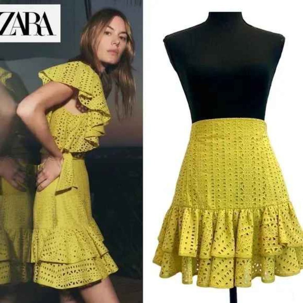 ZARA Yellow Ruffle Skirt High Waist Cut Out Embroidered Summer Size S - Picture 1 of 12